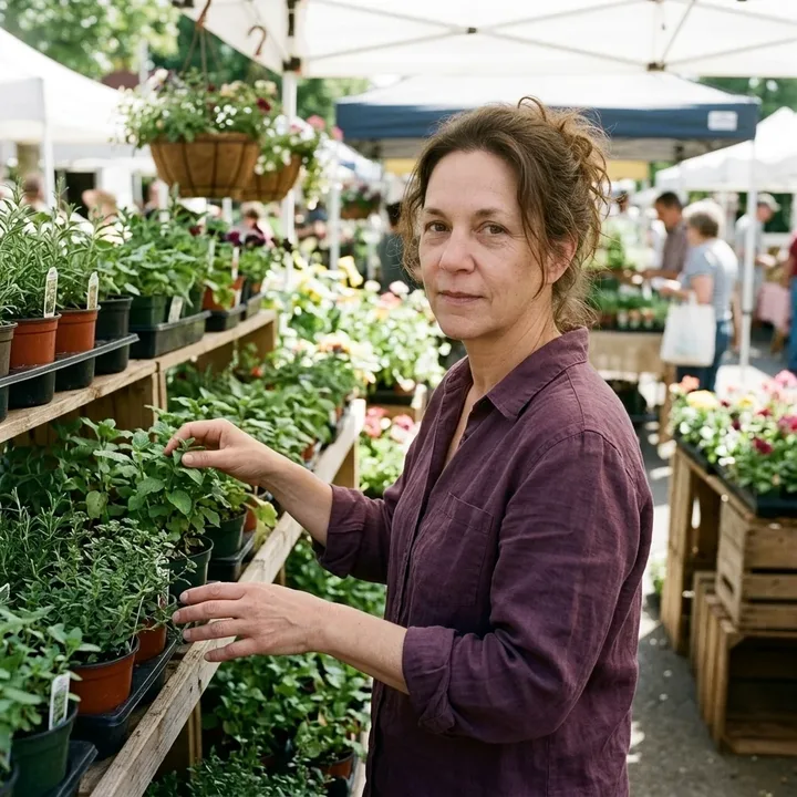 A woman choosing plants at an outdoor market